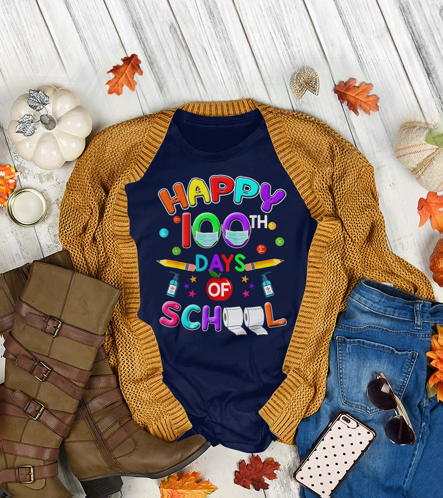 Happy 100th Days of School Mask Pencils Apple Sanitizer Teacher Student T-Shirt