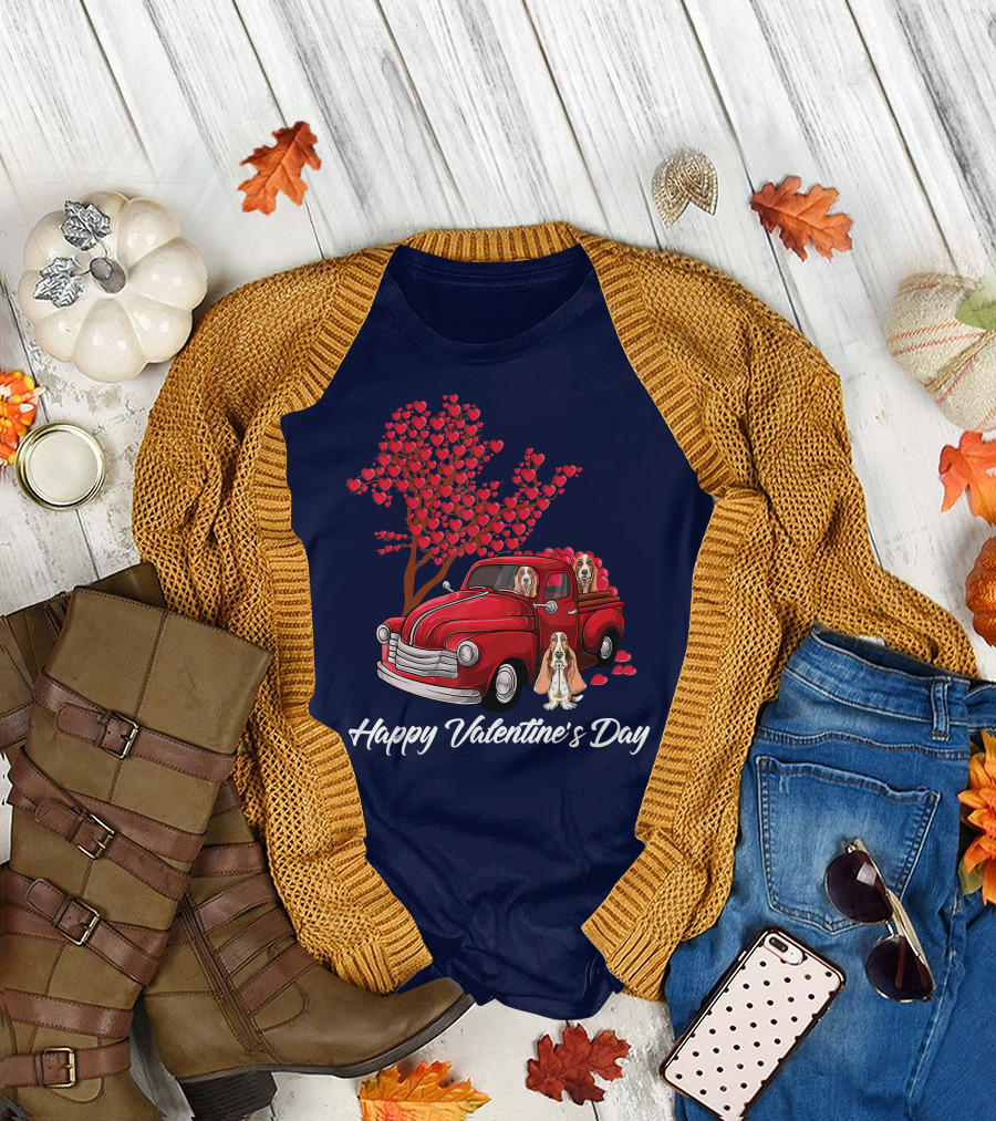Happy Valentine's Day Basset Hound Dog in Red Truck with Heart Tree T-Shirt