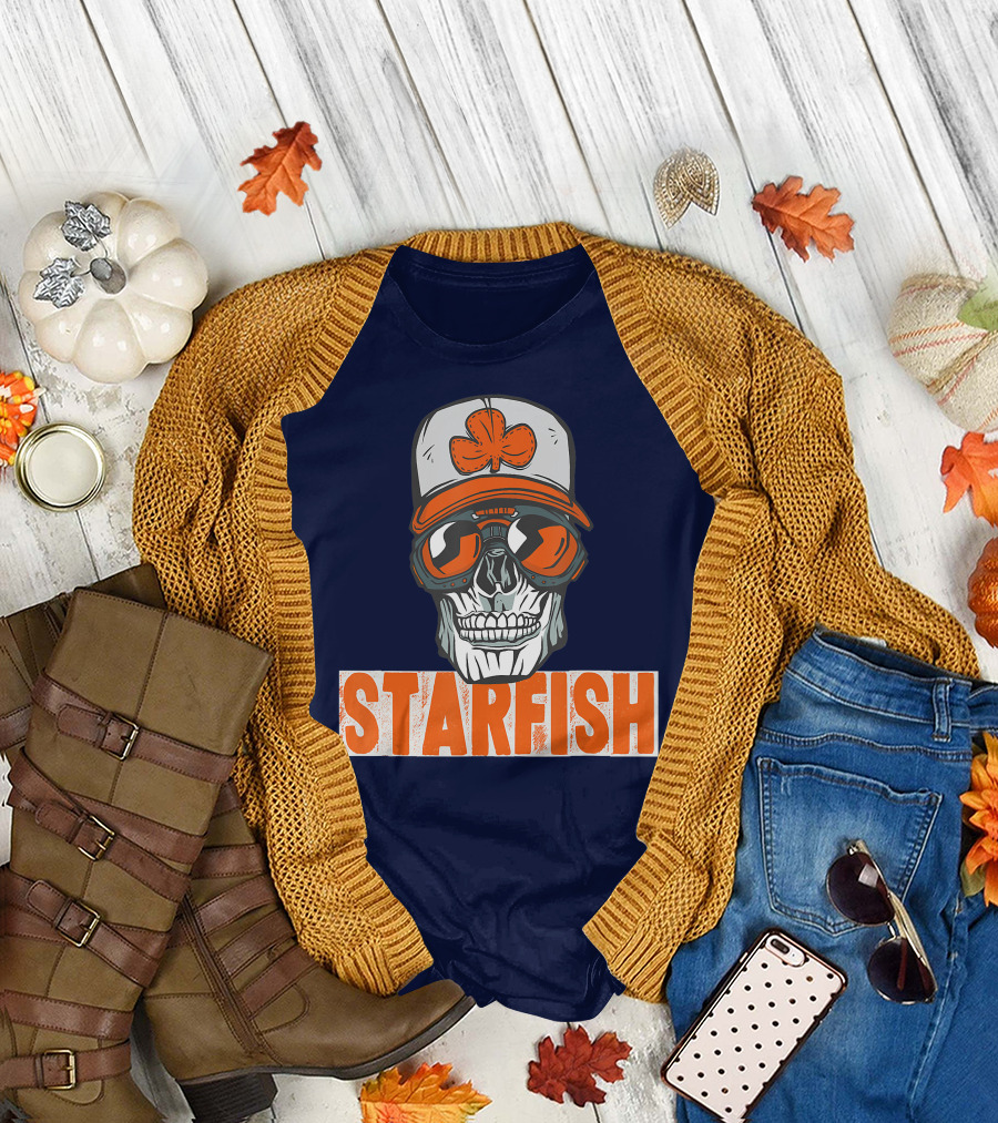 Starfish Skull with Orange Hat and Sunglasses Matches Jordan 13 Star Fish T-Shirt