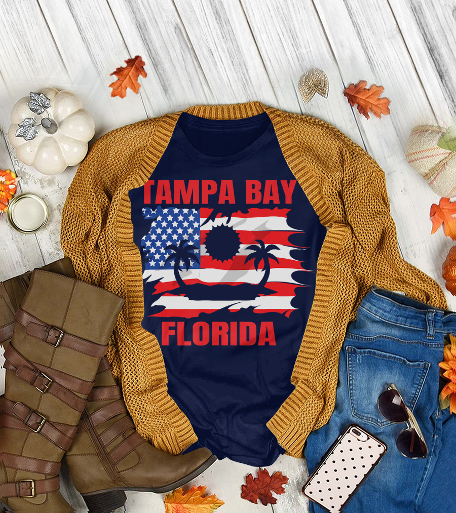Tampa Bay Florida American Flag Palm Trees T-Shirt