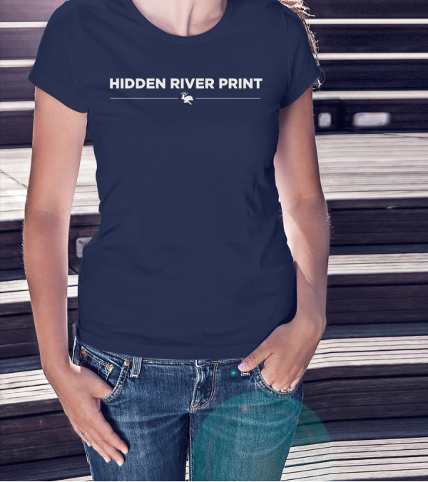HIDDEN RIVER PRINT Deer Image Navy Background T-Shirt