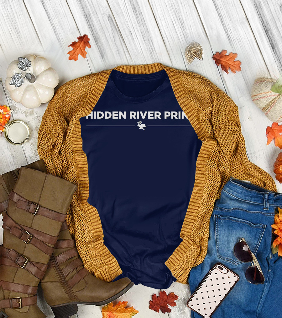 HIDDEN RIVER PRINT Deer Image Navy Background T-Shirt