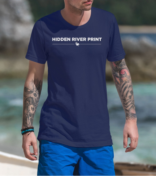 HIDDEN RIVER PRINT Deer Image Navy Background T-Shirt