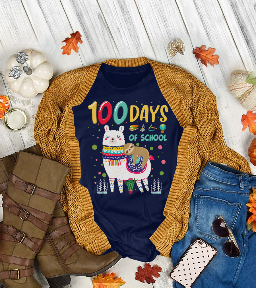 100 Days of School Sloth on Llama with Books and Globe T-Shirt
