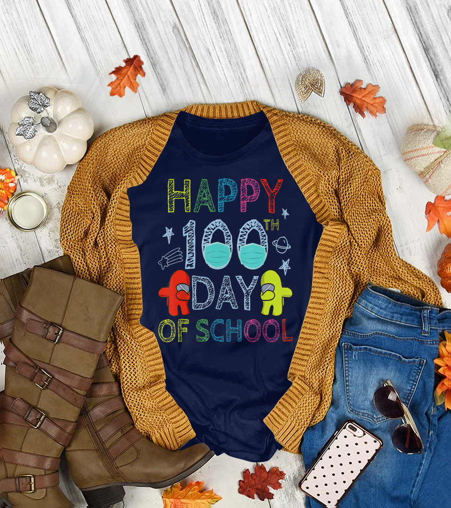Happy 100th Day of School Among Us Characters with Masks and Stars T-Shirt