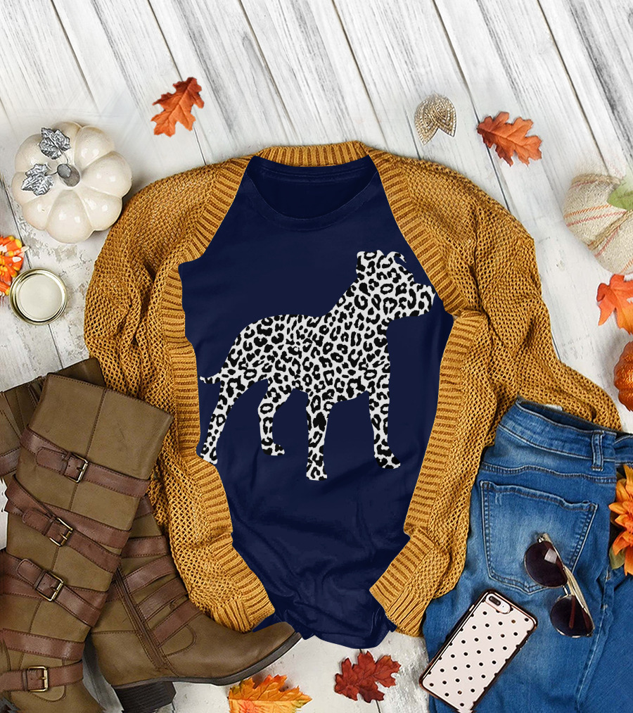 Leopard Print Pit Bull Silhouette on Navy Background T-Shirt