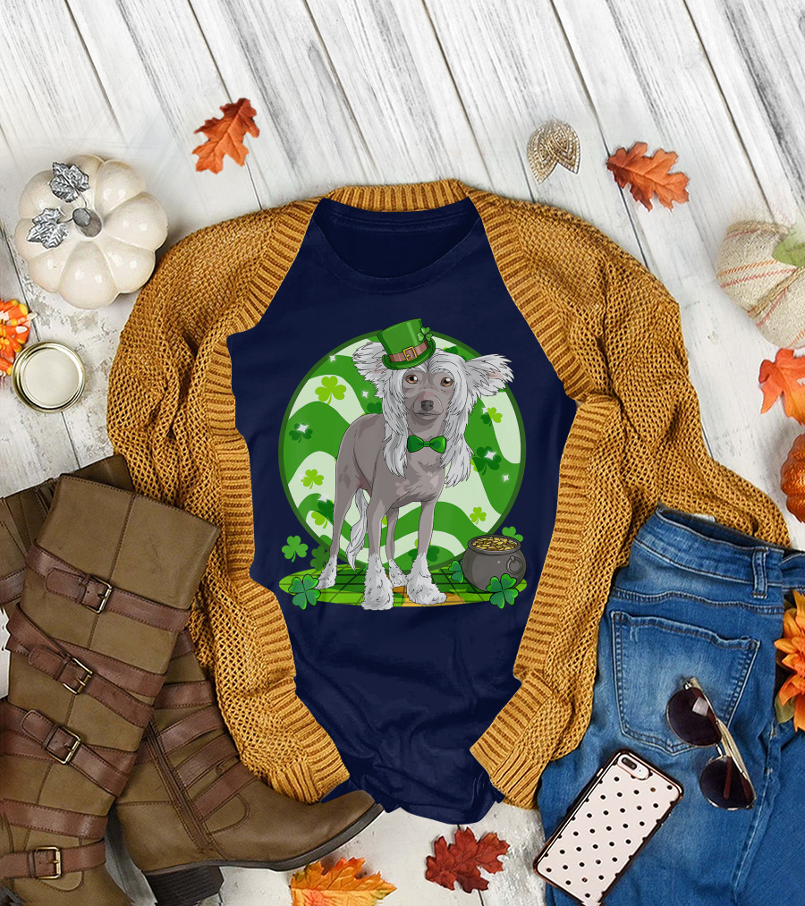 Chinese Crested Dog with Leprechaun Hat and Shamrocks for St Patrick's Day T-Shirt