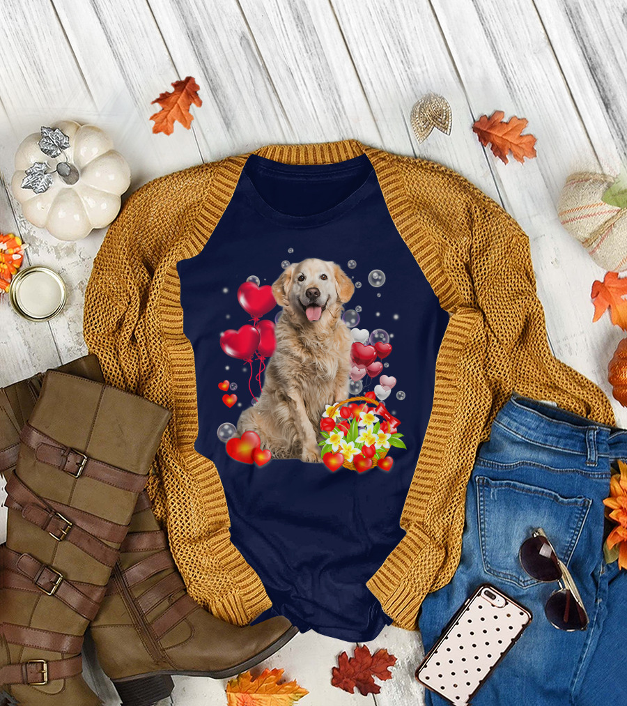 Golden Retriever Surrounded by Heart Balloons and Flowers T-Shirt