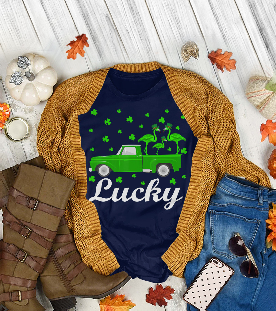 Lucky Flamingo St Patrick's Day Truck with Shamrocks T-Shirt