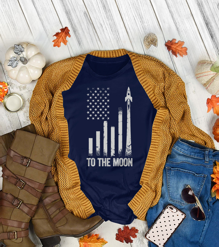 To The Moon American Flag Rocket Stock Market Chart T-Shirt
