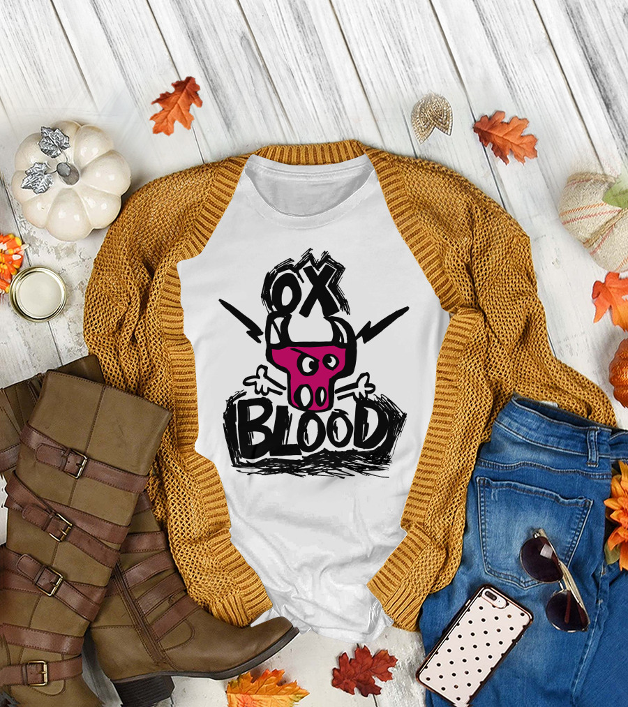 OX BLOOD Sketched Bull Face with Bold Text and Stylized Outlines T-Shirt