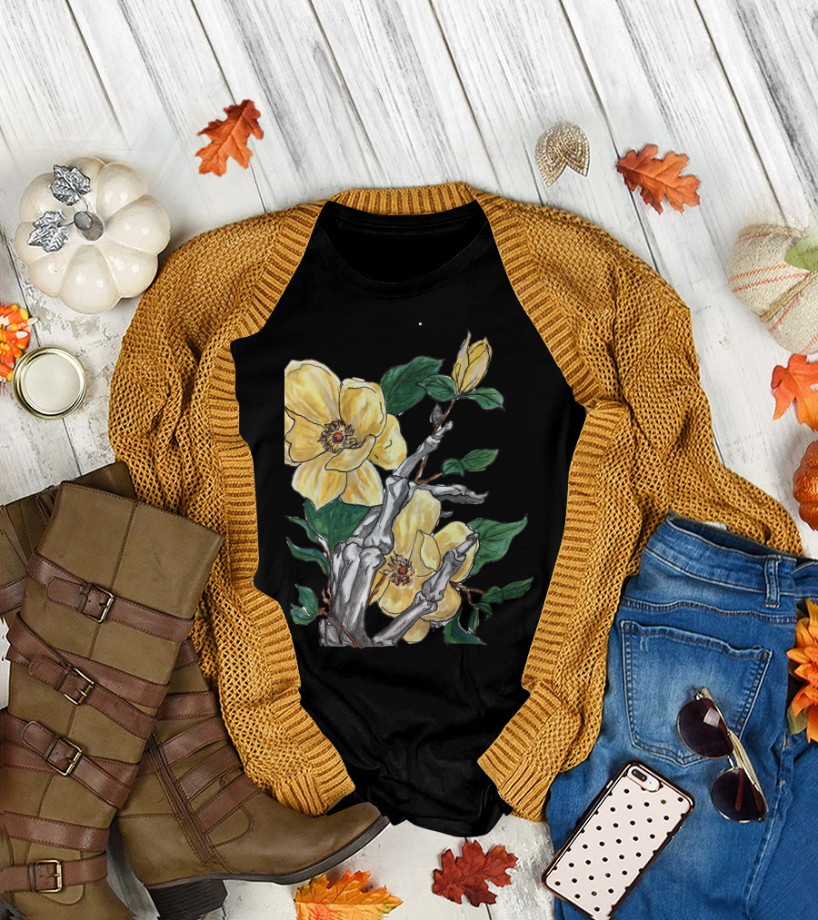Grateful 3 Skeleton Hand with Yellow Flowers and Green Leaves T-Shirt