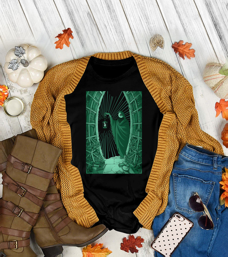 The Eye Tarotesque Cloaked Figure with Hourglass Lantern in Green Ruins T-Shirt