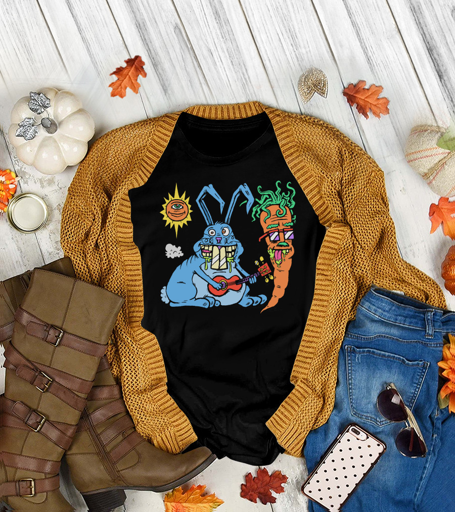 Ukulele Rabbit with Sun Eye and Cool Carrot Friend T-Shirt