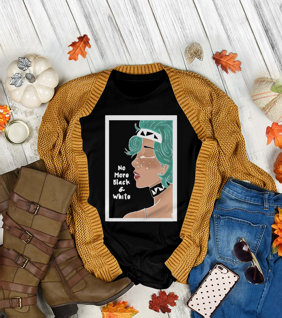 No More Black and White Freckled Portrait with Teal Hair and Geometric Headband T-Shirt