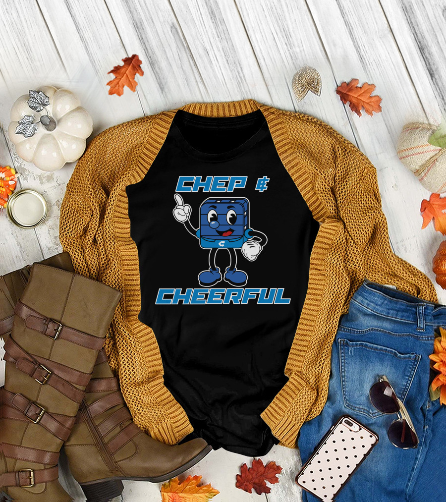 CHEP and Cheerful Cartoon Character with Blue Striped Box and Finger Pointing T-Shirt