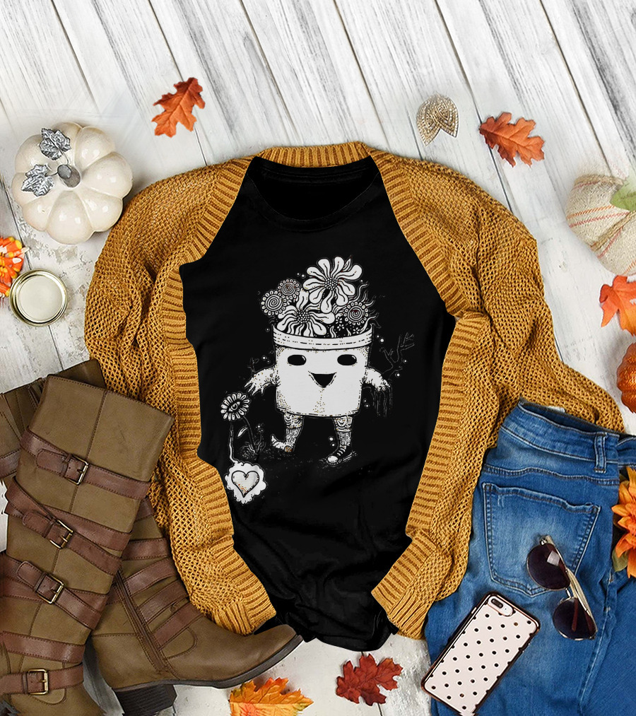 Flower Child Character with Blooms and Heart Motif T-Shirt