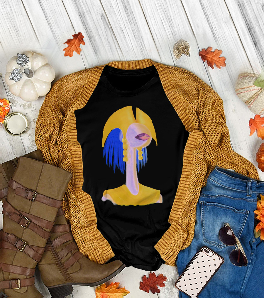 Ornate Monster Bust with Golden Headpiece and Blue Hair on Chiffon T-Shirt