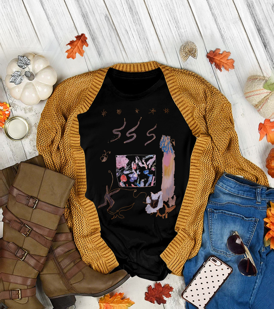 Abstract Pastel Cosmic Scoop Art with Stars and Floral Elements T-Shirt