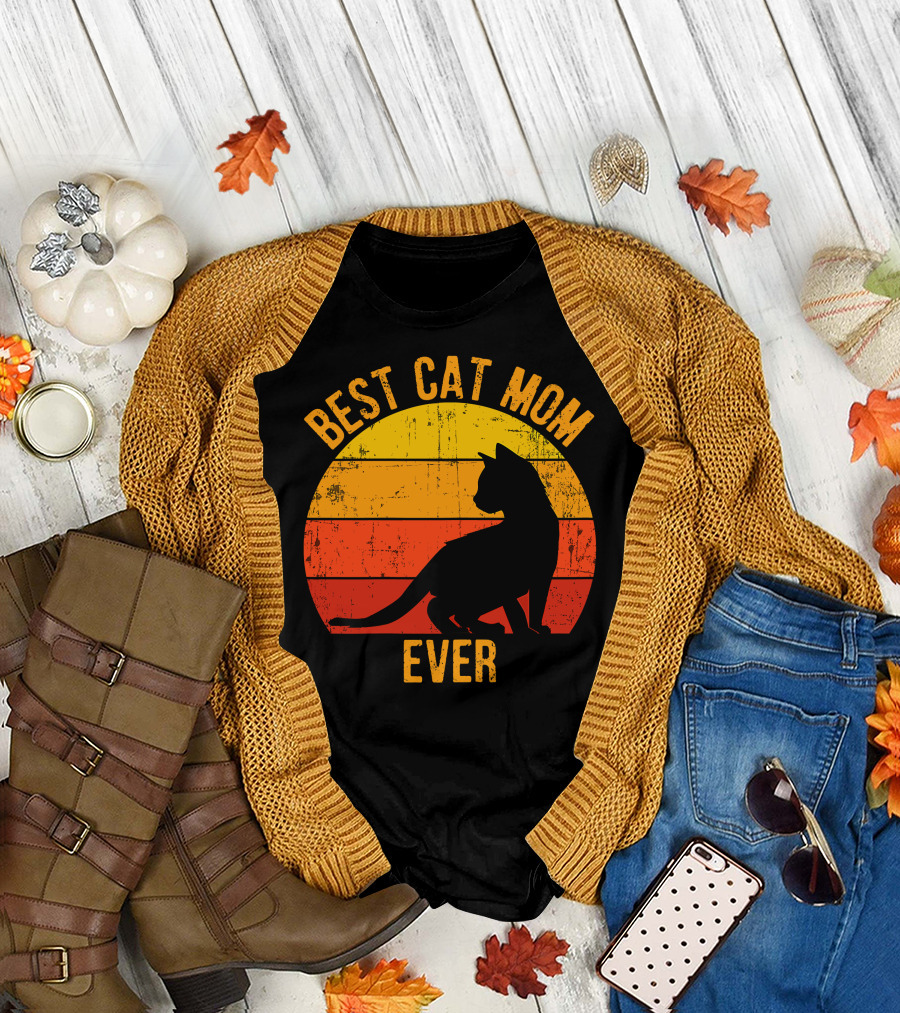 Best Cat Mom Ever Retro Sunset T-Shirt