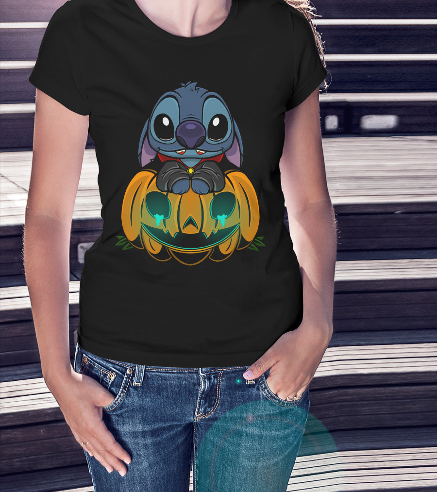 Cute Halloween Stitch With Glowing Pumpkin T-Shirt