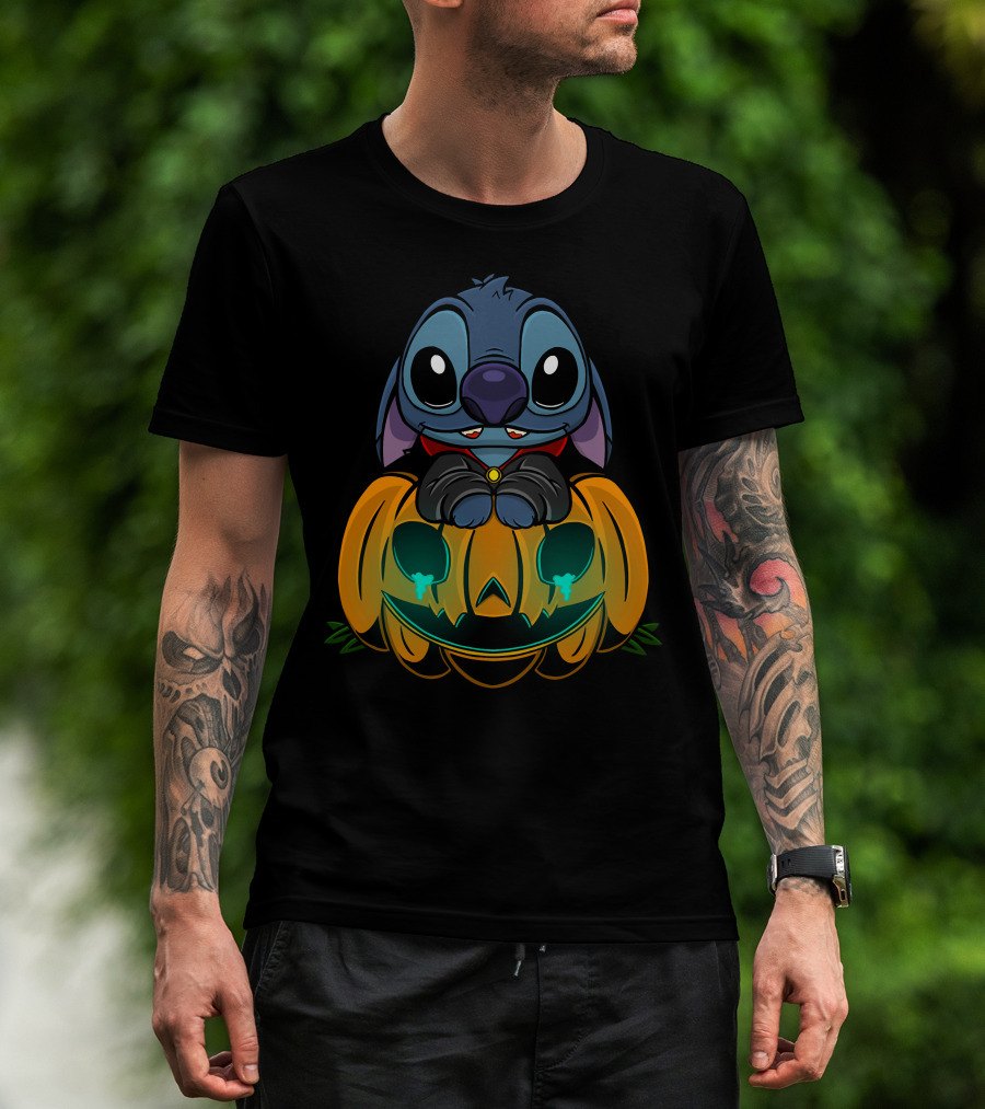Cute Halloween Stitch With Glowing Pumpkin T-Shirt