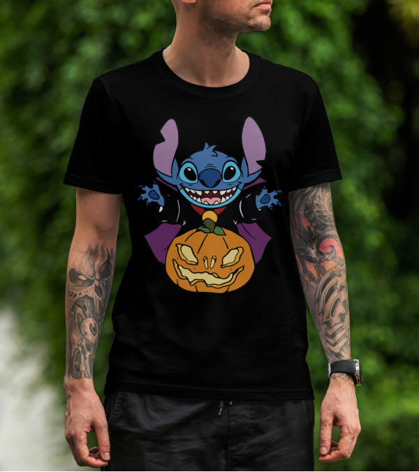 Cute Halloween Vampire Stitch Hugging Pumpkin T-Shirt