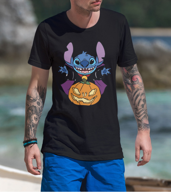 Cute Halloween Vampire Stitch Hugging Pumpkin T-Shirt