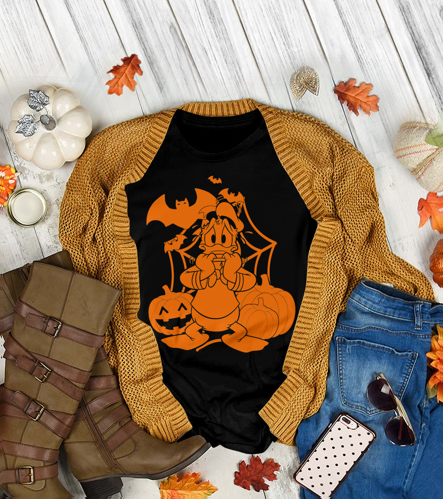 Donald Duck Halloween Pumpkins with Bat and Spider Webs T-Shirt