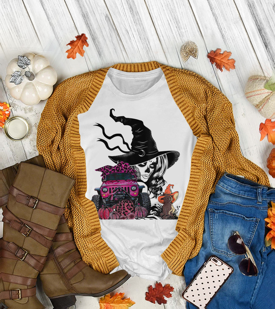 My Broom Broke Now I Drive A Black Jeep With Witch Hat and Halloween Cat T-Shirt