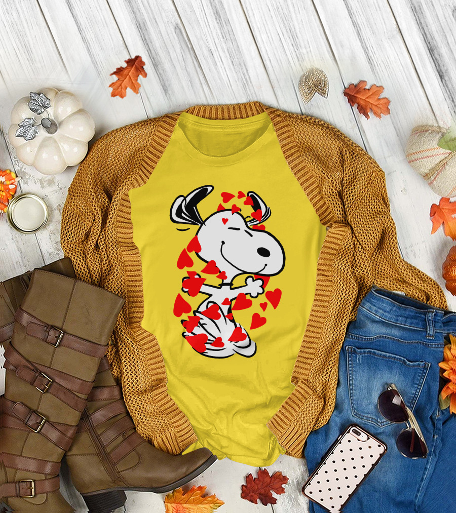 Snoopy Surrounded by Red Hearts Hugging Blissfully T-Shirt