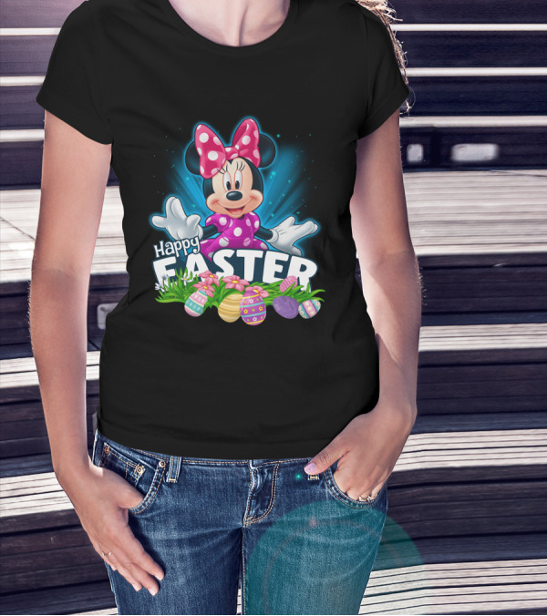 Minnie Mouse Happy Easter With Colorful Eggs And Flowers T-Shirt