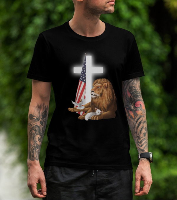 Lion With American Flag And Cross T-Shirt
