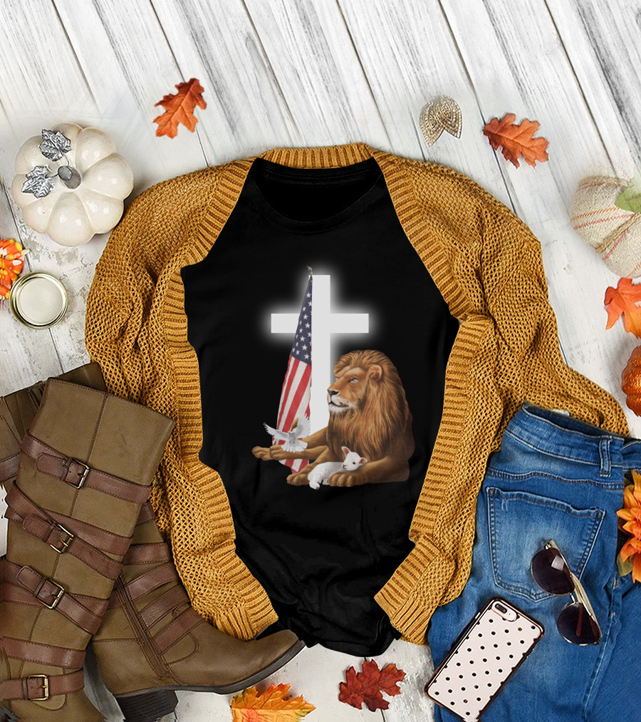 Lion with American Flag and Cross T-Shirt