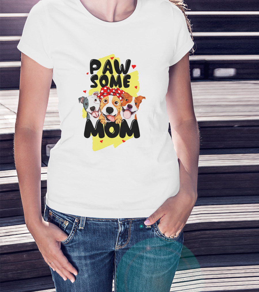 PAW SOME MOM Pups With Bandana And Hearts T-Shirt