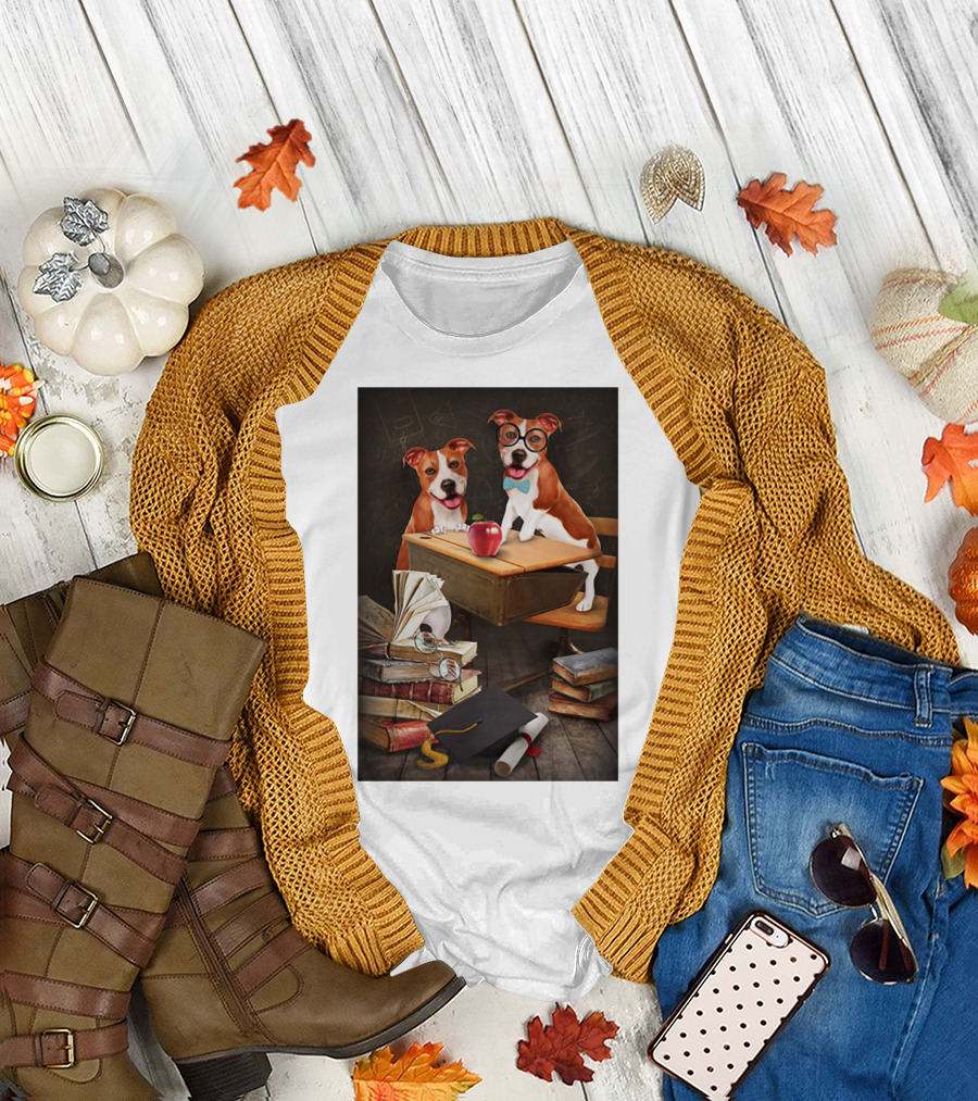 Pitbull Teacher Dogs with Books and Graduation Cap T-Shirt