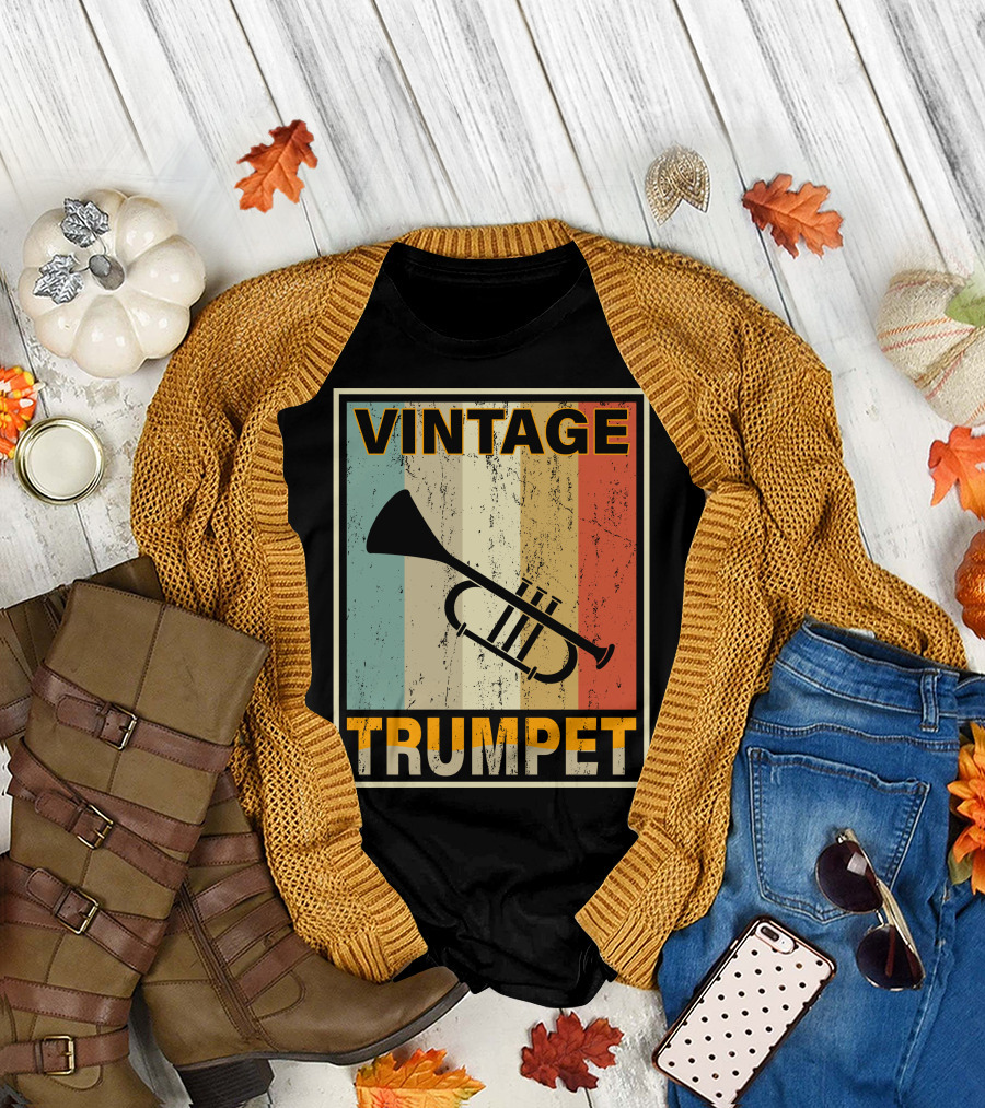 Vintage Trumpet Distressed Retro Stripes T-Shirt