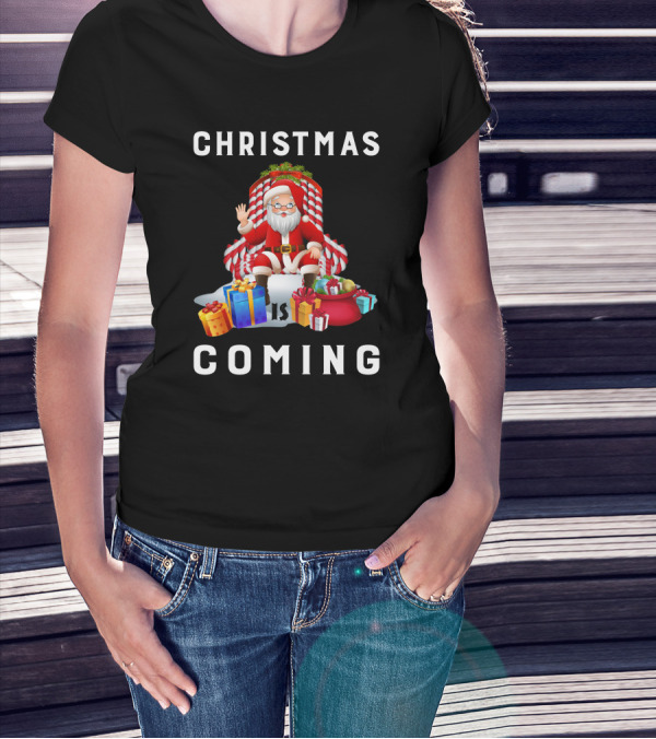 Christmas Is Coming Santa Claus With Candy Cane And Gifts T-Shirt