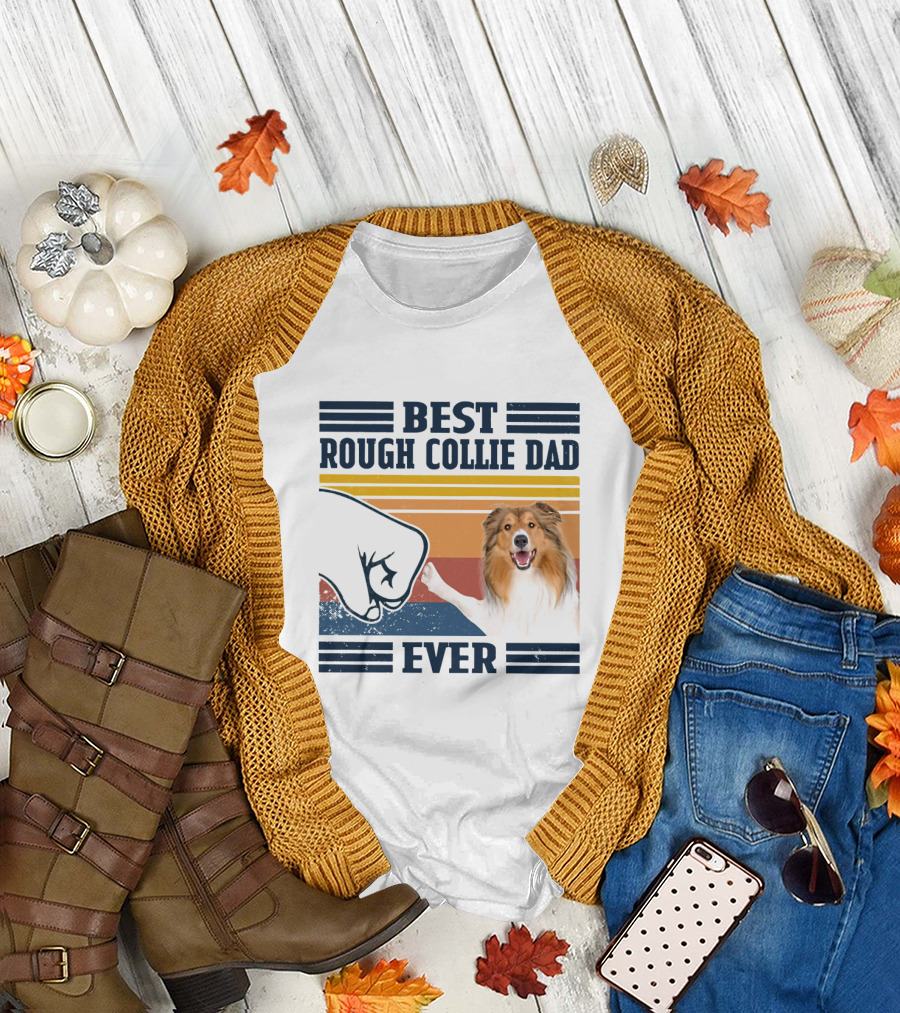 Best Rough Collie Dad Ever Fist Bump Retro Stripes T-Shirt