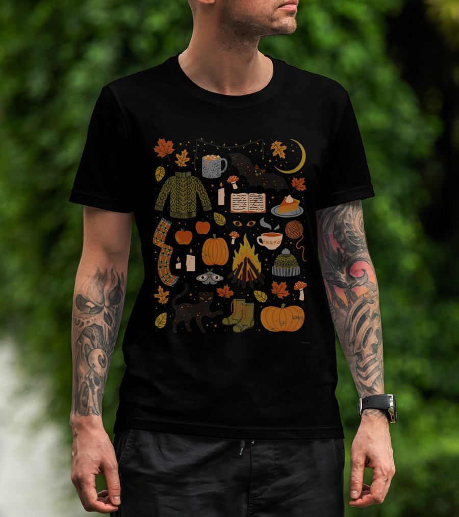 Autumn Nights Cozy Sweater Pumpkin Campfire Black Cat Moonlit Fall Leaves T-Shirt