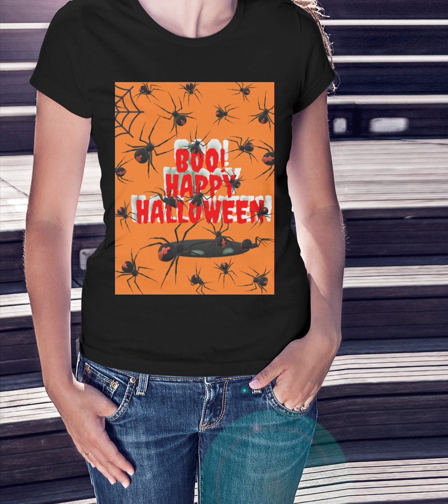 BOO Happy Halloween Spiders Orange Web T-Shirt