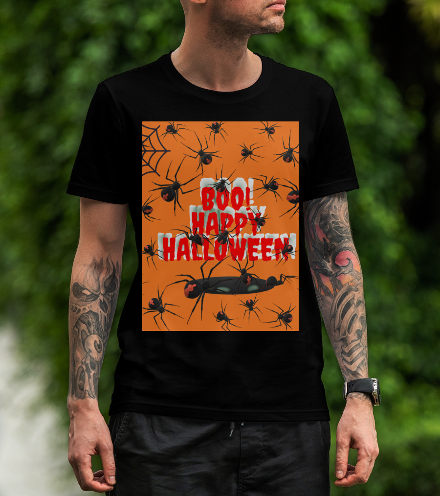 BOO Happy Halloween Spiders Orange Web T-Shirt