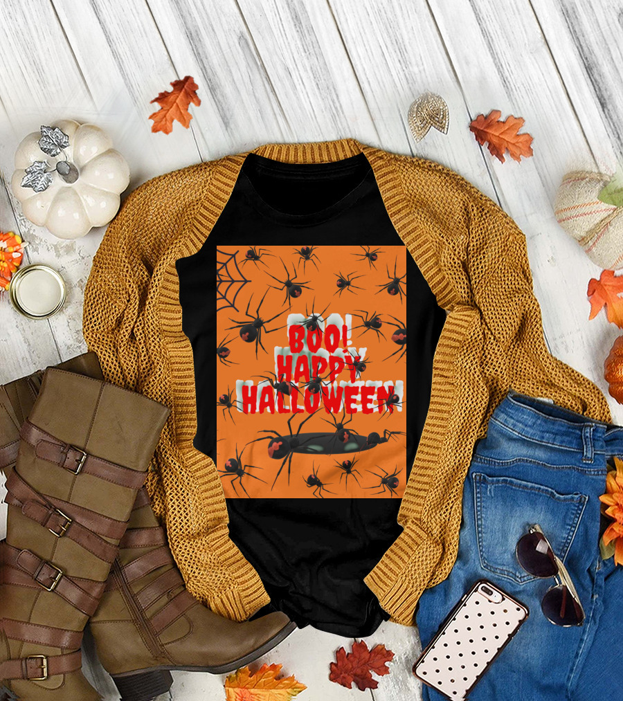 BOO Happy Halloween Spiders Orange Web T-Shirt