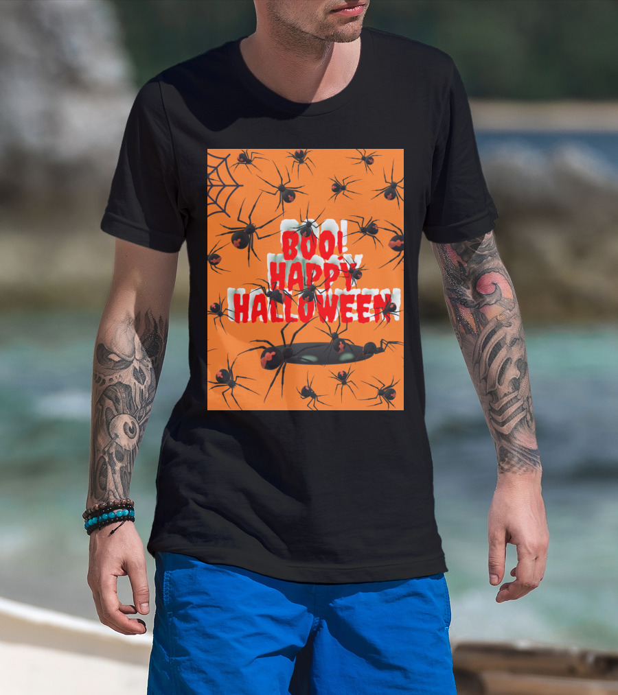 BOO Happy Halloween Spiders Orange Web T-Shirt