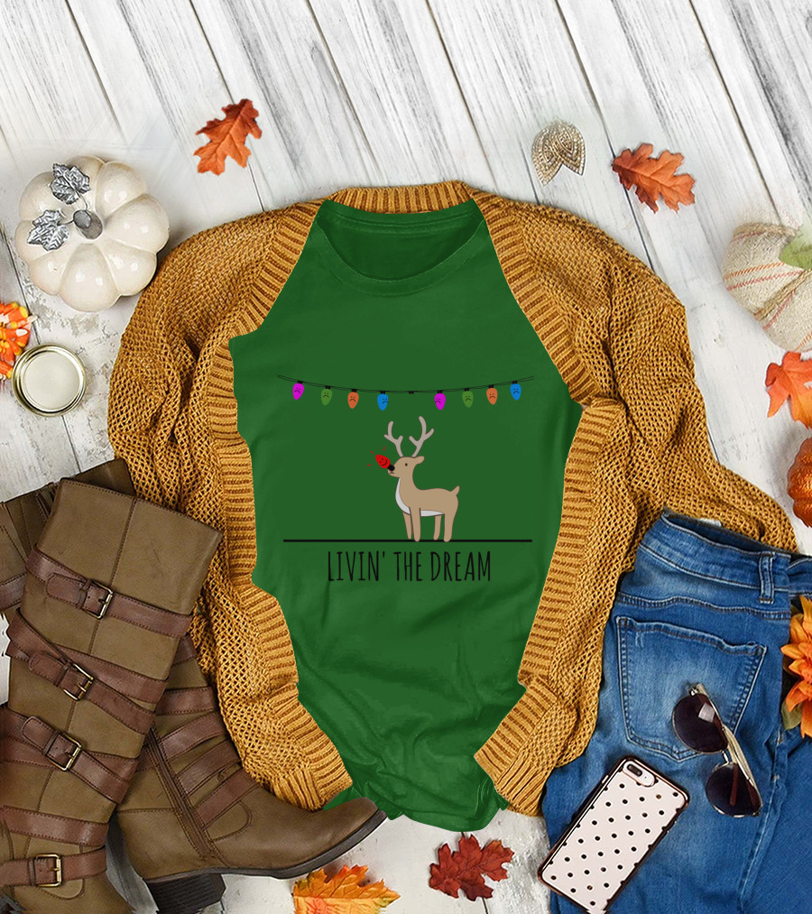 Livin' The Dream Rudolph Christmas Lights Reindeer Scene T-Shirt