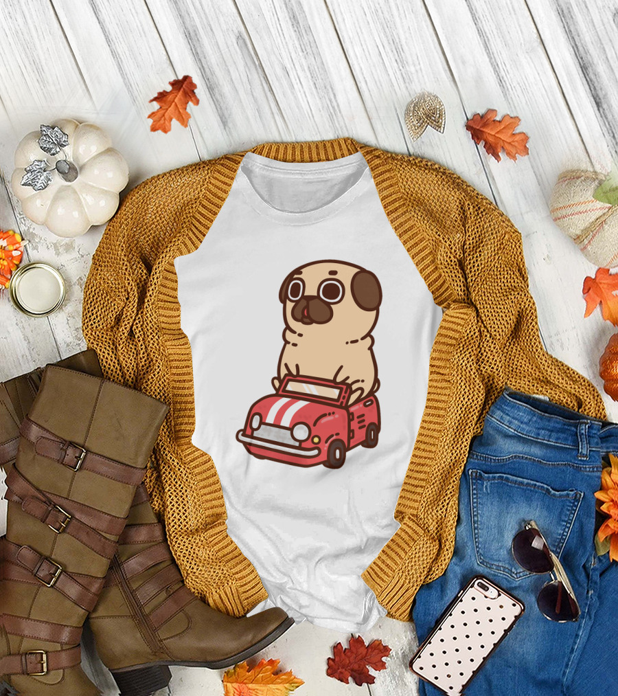 Cute Funny Puglie Beep Beep Driving a Car T-Shirt