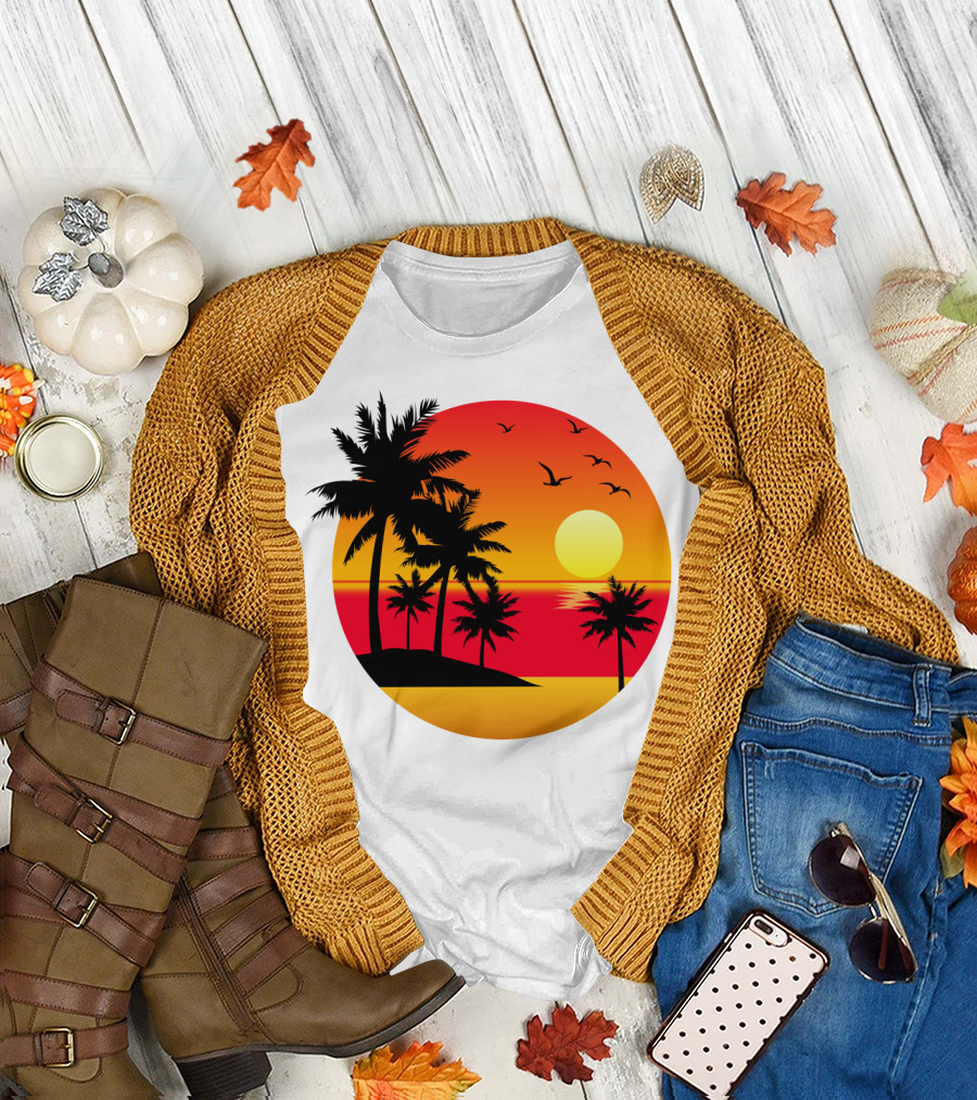 Sunset Summer Tropical Palm Island with Birds and Sunset Sky T-Shirt