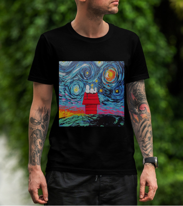 Snoopy And Woodstock On The Doghouse Under A Starry Night T-Shirt