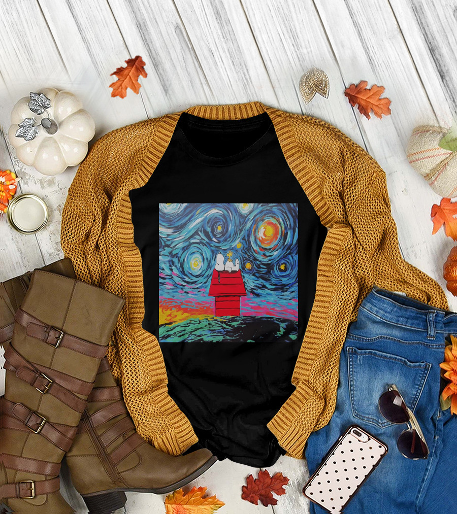 Snoopy and Woodstock on the Doghouse Under a Starry Night T-Shirt