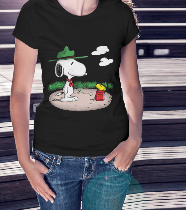 Snoopy Woodstock Camping Adventure With Green Hats And Red Scarf T-Shirt